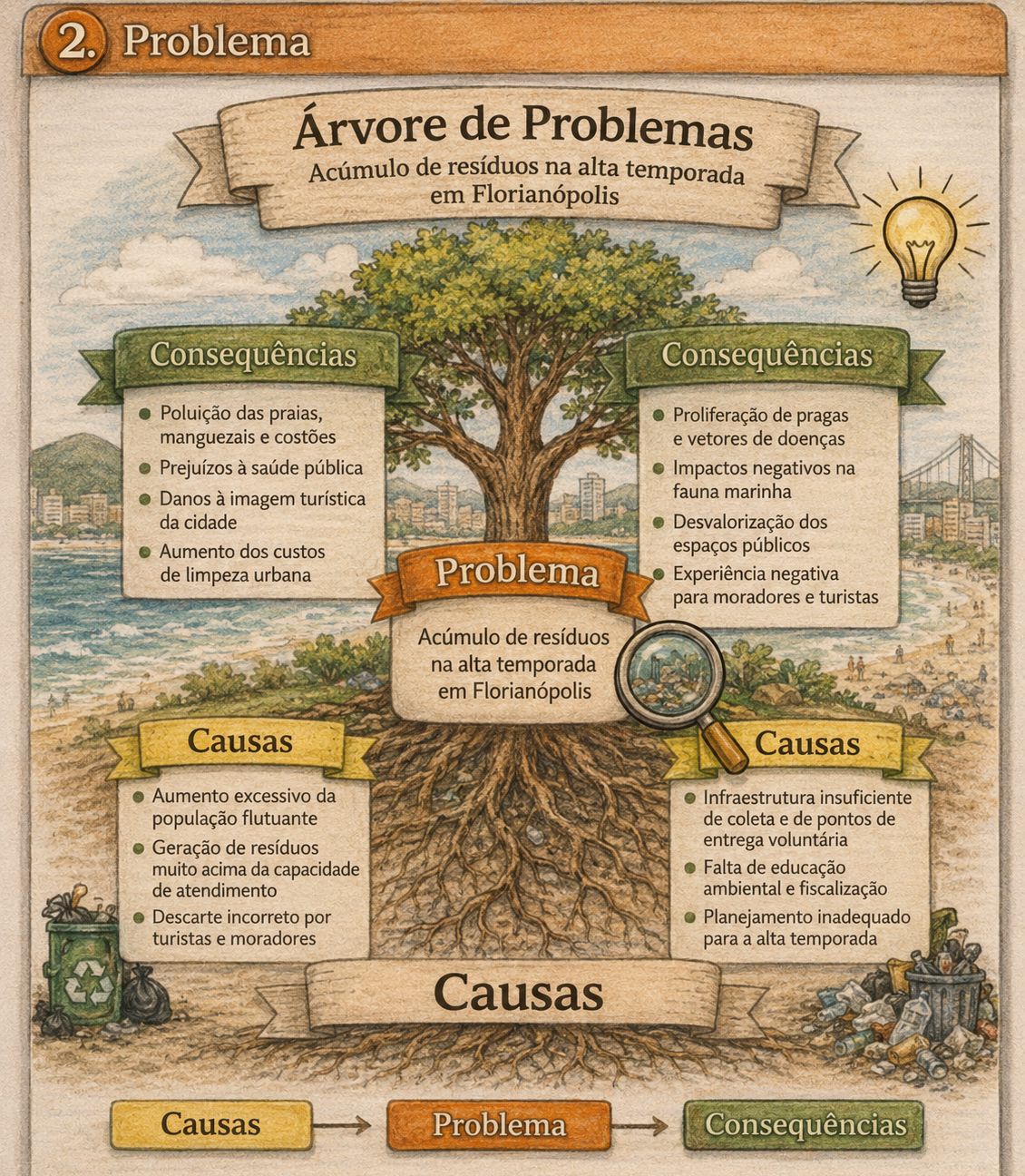 Árvore de problemas ilustrada mostrando causas (raízes) e consequências (copa) do acúmulo de resíduos na alta temporada em Florianópolis